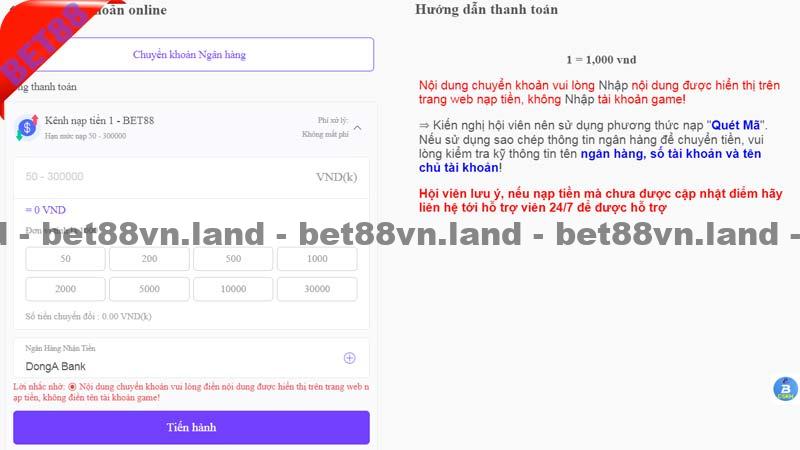 Nạp tiền bet88 qua ngân hàng online